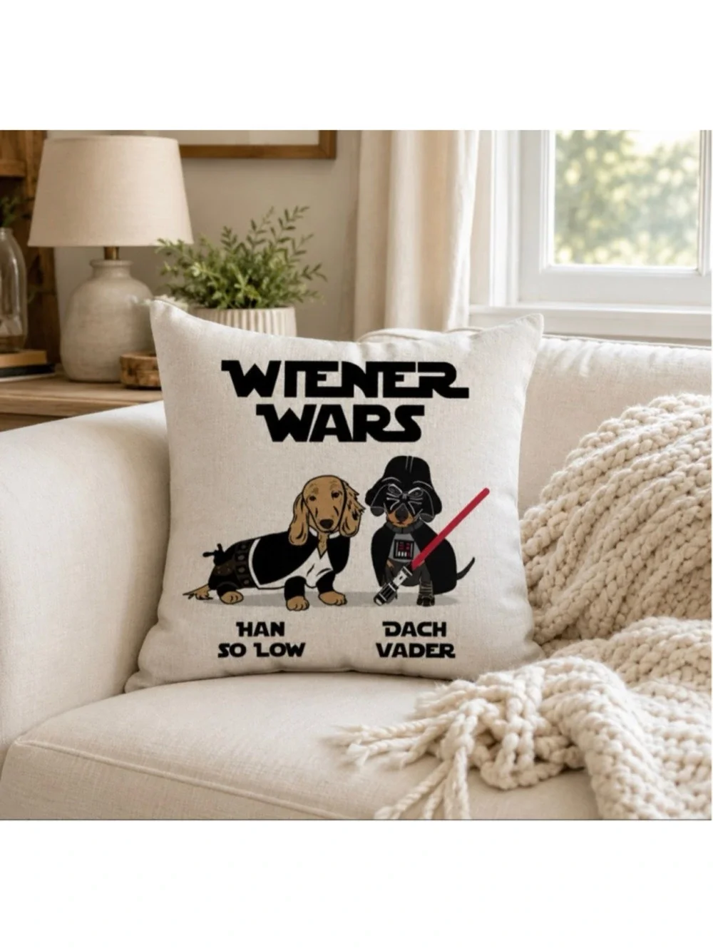 Dachshund Wiener Wars Linen Throw Pillow Cover 16x16 Hidden Zipper Dog Decor